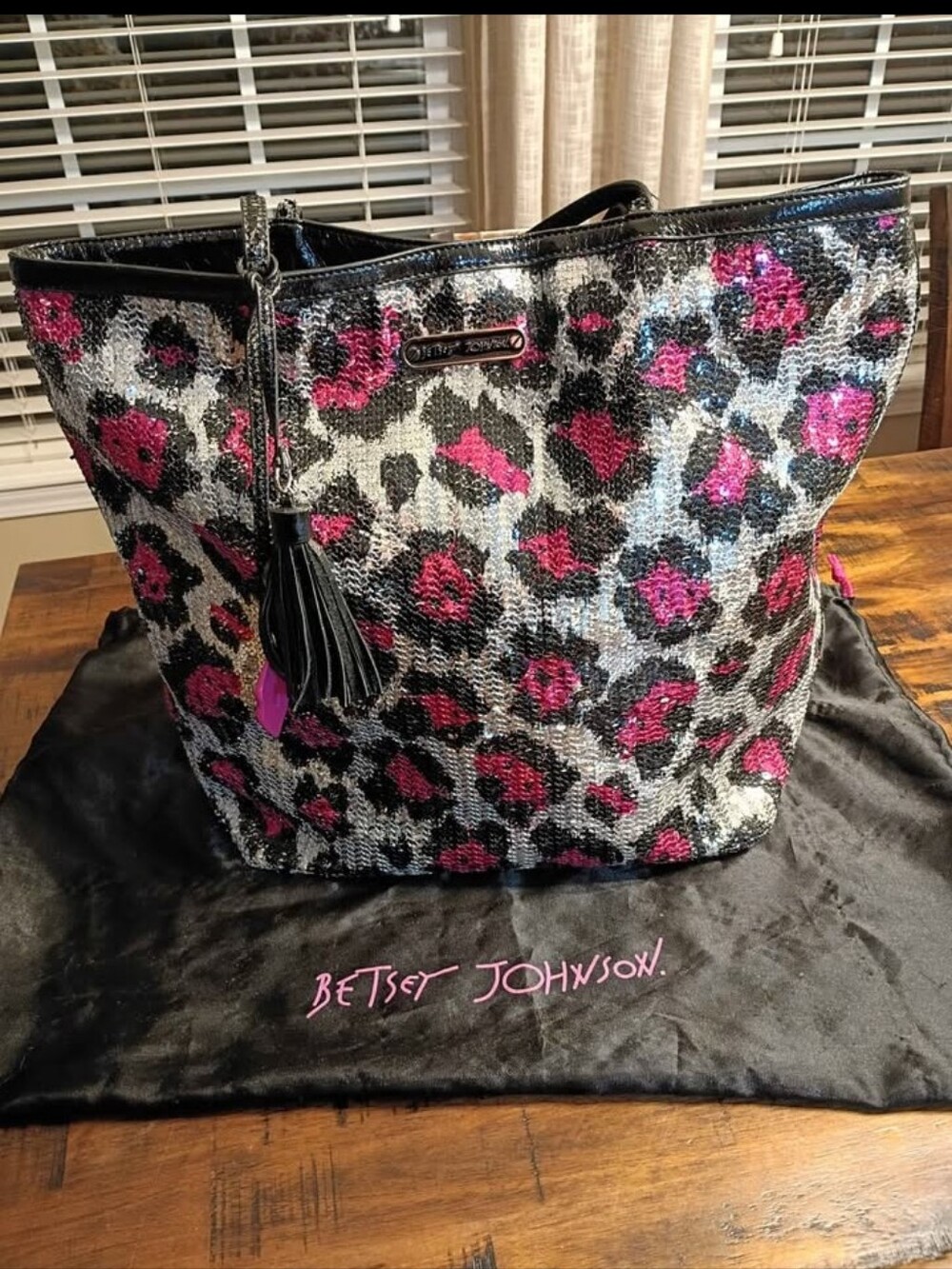 Betsey Johnson Silver and Pink Sequin Leopard Tote with Tassel Charm